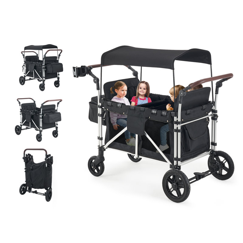 wanan Stroller Wagon For 4 Kids Wagon Cart Featuring 4 High Seat With 5 point Harnesses And Adjustable Canopy Foldable Double Push Bar Wagon Stroller For Garden Stroller Camping Wayfair